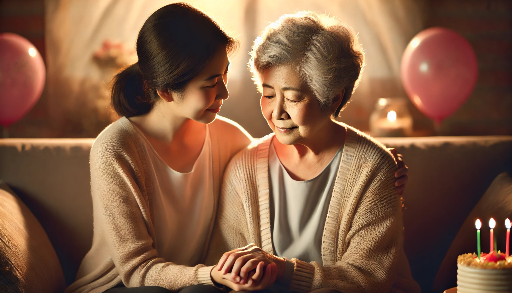 elderly mother and adult daughter sitting on a couch holding hands